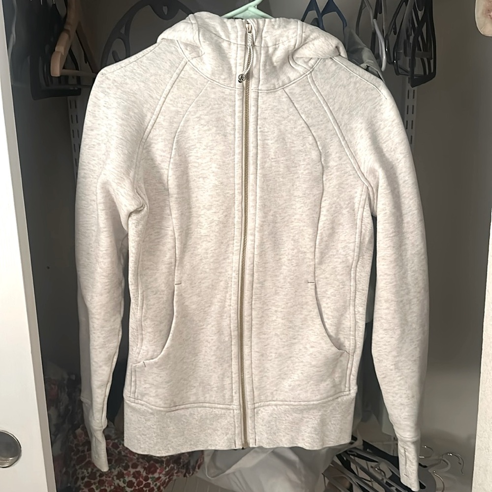 Lululemon Scuba full zip hip length hoodie, heather bone white, size 6, very new